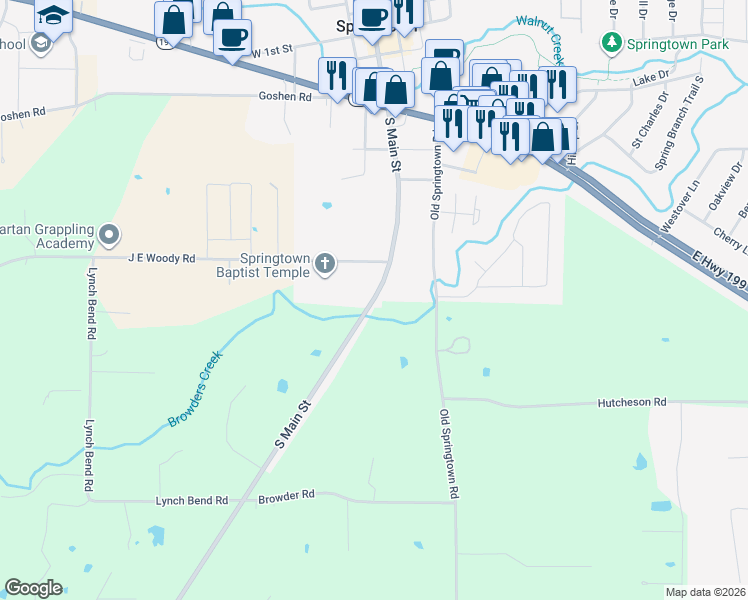 map of restaurants, bars, coffee shops, grocery stores, and more near 600 South Main Street in Springtown