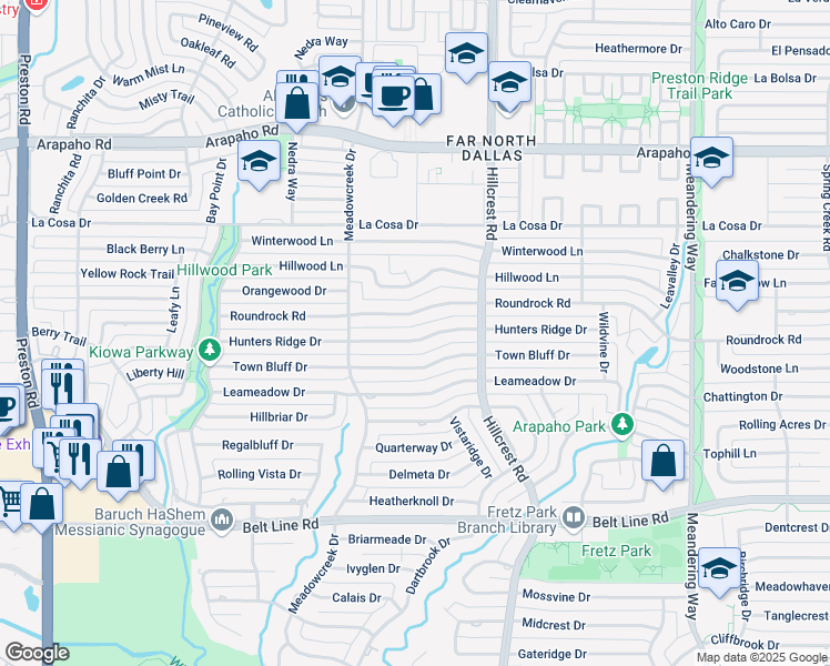map of restaurants, bars, coffee shops, grocery stores, and more near 6926 Roundrock Road in Dallas