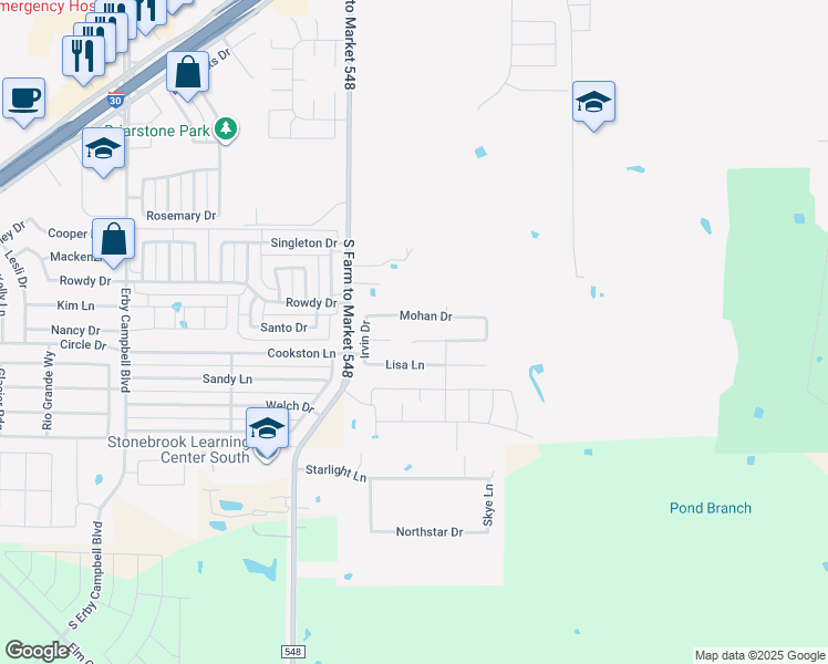 map of restaurants, bars, coffee shops, grocery stores, and more near 1712 South Farm to Market 548 in Royse City