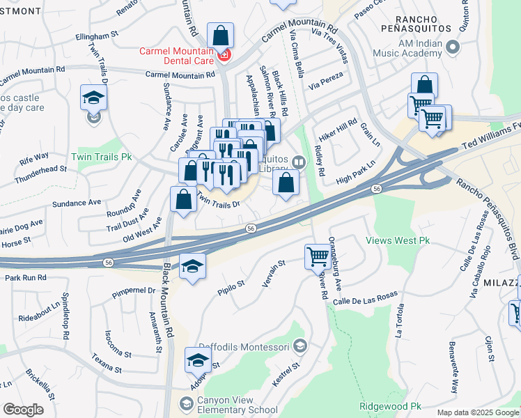 map of restaurants, bars, coffee shops, grocery stores, and more near 9418 Twin Trails Drive in San Diego