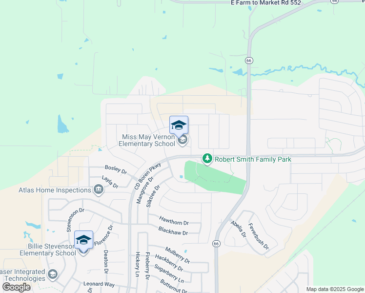 map of restaurants, bars, coffee shops, grocery stores, and more near 100 Miss May Drive in Fate