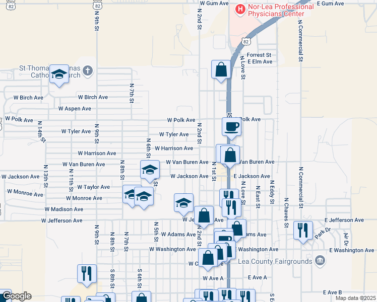 map of restaurants, bars, coffee shops, grocery stores, and more near 204 W Harrison Ave in Lovington