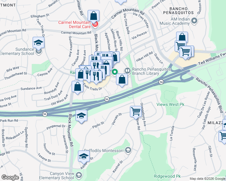 map of restaurants, bars, coffee shops, grocery stores, and more near 9424 Twin Trails Drive in San Diego