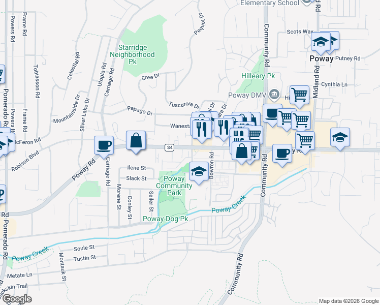 map of restaurants, bars, coffee shops, grocery stores, and more near 13123 Poway Road in Poway