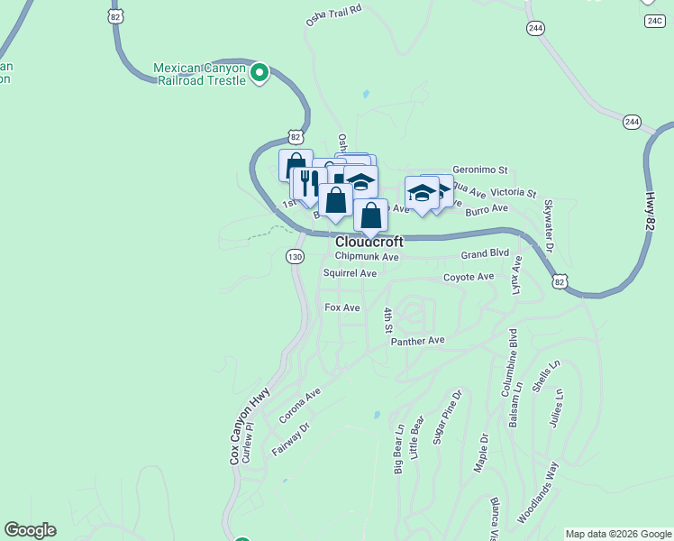 map of restaurants, bars, coffee shops, grocery stores, and more near 110 Squirrel Avenue in Cloudcroft