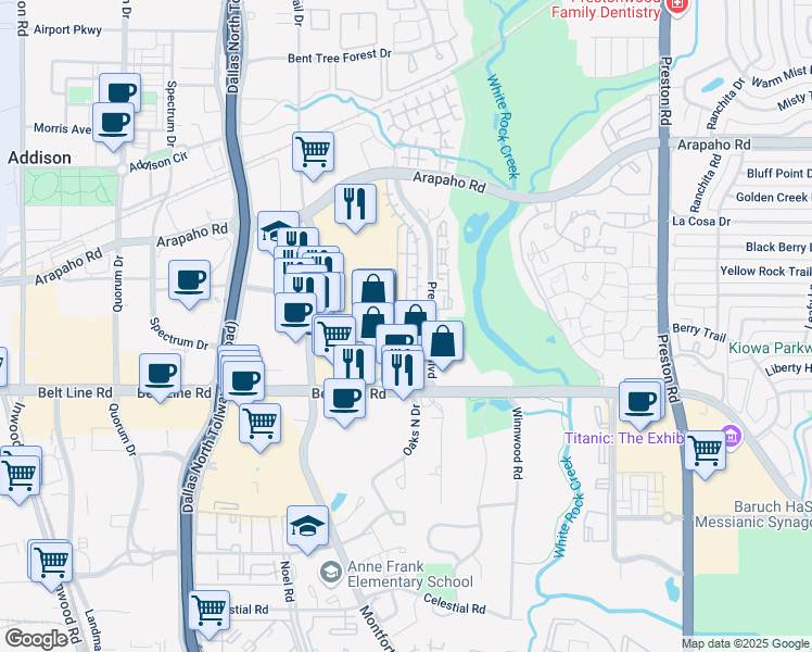 map of restaurants, bars, coffee shops, grocery stores, and more near Andalusia Avenue in Dallas