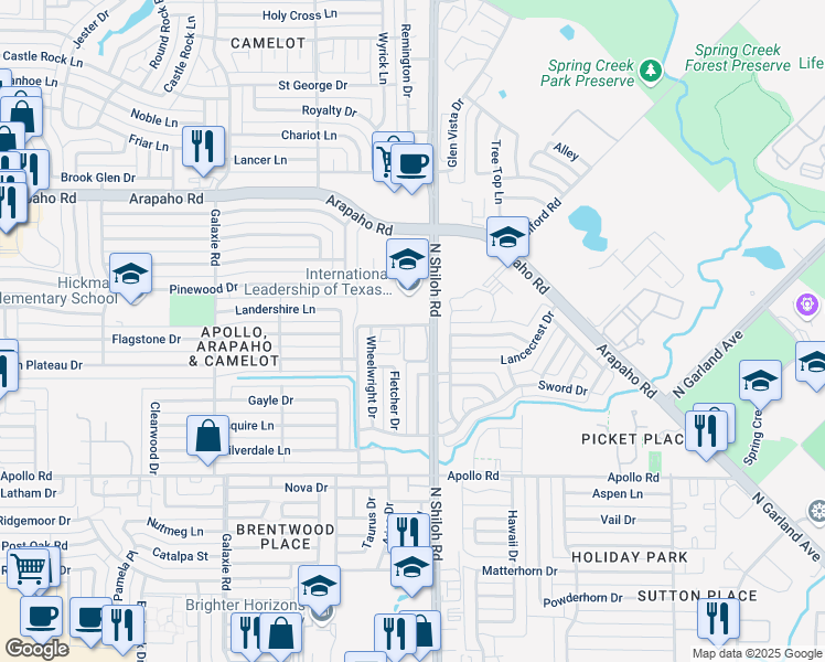 map of restaurants, bars, coffee shops, grocery stores, and more near 4364 Lawrence Drive in Garland