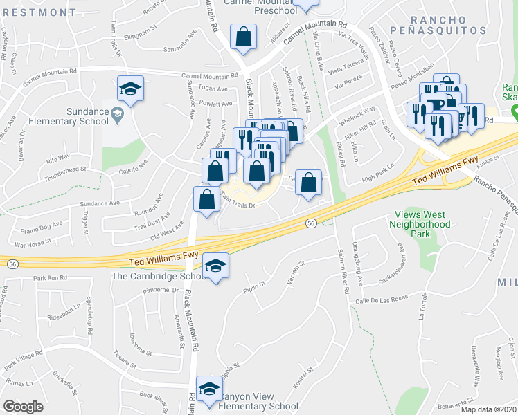 map of restaurants, bars, coffee shops, grocery stores, and more near 13173 Black Mountain Road in San Diego