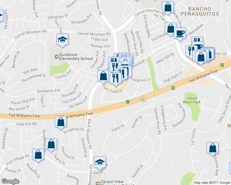 map of restaurants, bars, coffee shops, grocery stores, and more near 13173 Black Mountain Road in San Diego