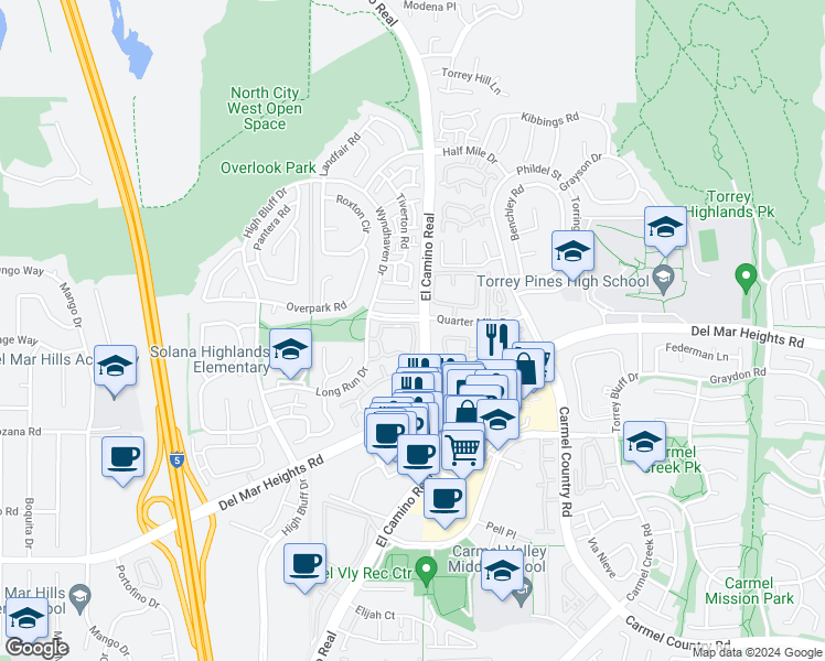 map of restaurants, bars, coffee shops, grocery stores, and more near 3614 Bernwood Place in San Diego