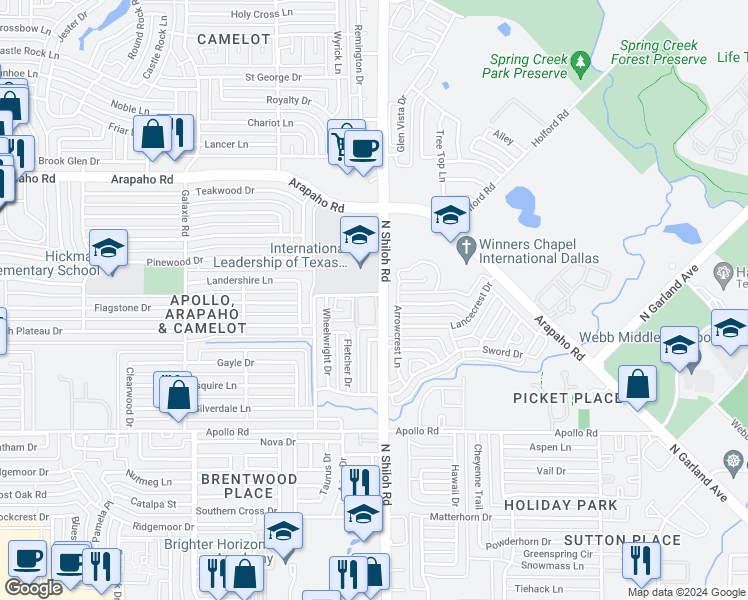 map of restaurants, bars, coffee shops, grocery stores, and more near 1 Lawrence Drive in Garland
