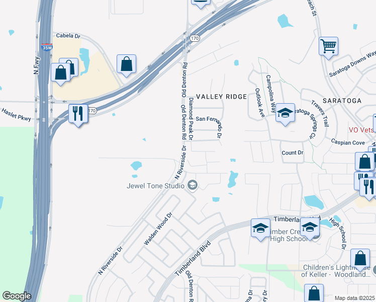 map of restaurants, bars, coffee shops, grocery stores, and more near 3005 Misty Pines Drive in Fort Worth