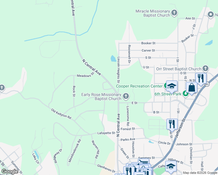 map of restaurants, bars, coffee shops, grocery stores, and more near 114 Warren Street in Alexander City