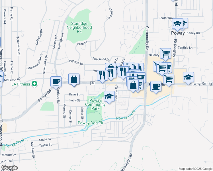 map of restaurants, bars, coffee shops, grocery stores, and more near 13123 Poway Road in Poway