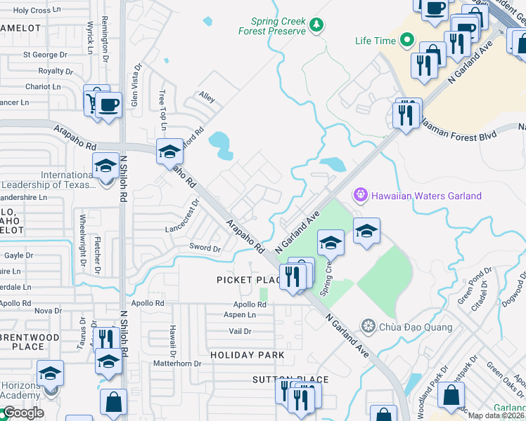 map of restaurants, bars, coffee shops, grocery stores, and more near 1961 Arapaho Road in Garland