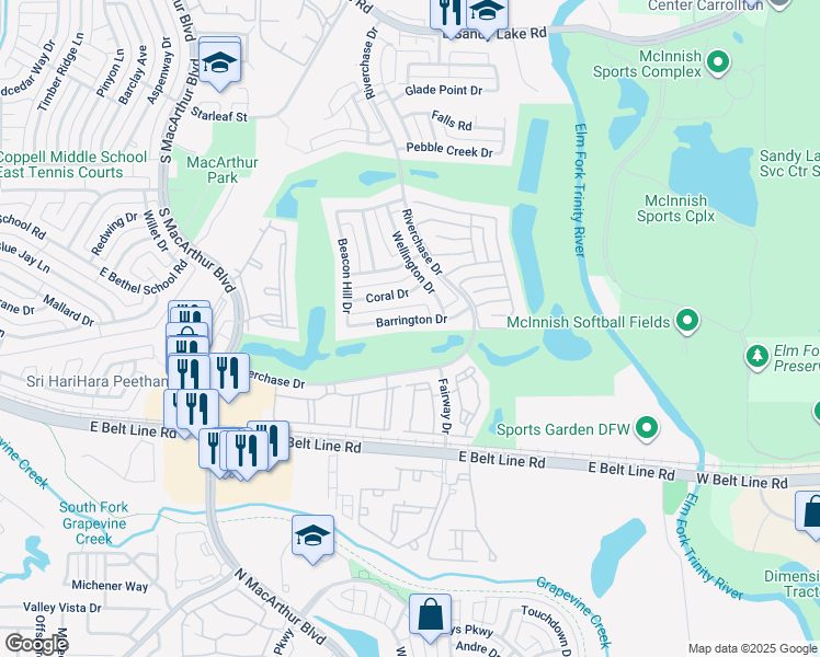 map of restaurants, bars, coffee shops, grocery stores, and more near 1343 Barrington Drive in Coppell