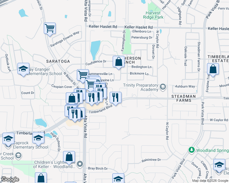map of restaurants, bars, coffee shops, grocery stores, and more near 12604 Clarksburg Trail in Fort Worth