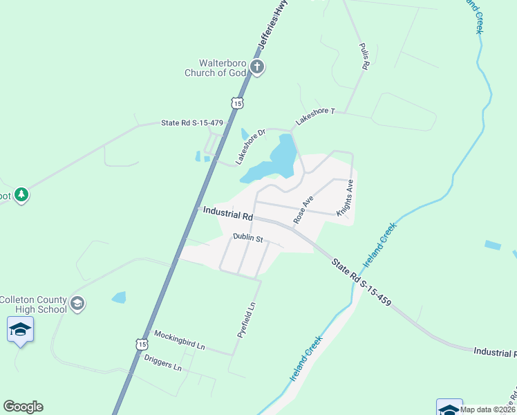 map of restaurants, bars, coffee shops, grocery stores, and more near 505 Lakeshore Drive in Walterboro