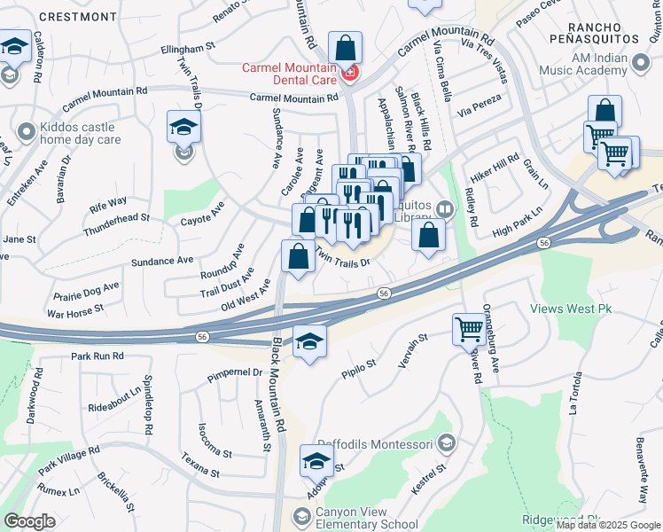 map of restaurants, bars, coffee shops, grocery stores, and more near 9302 Twin Trails Drive in San Diego