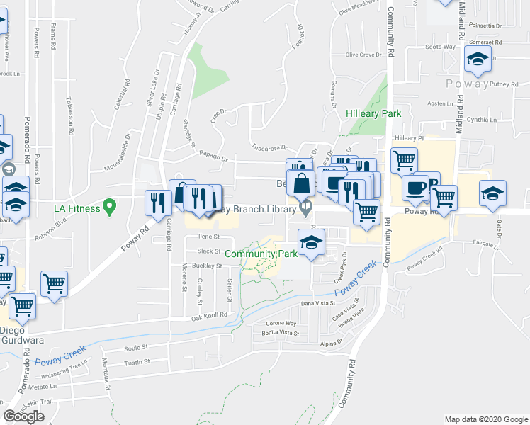 map of restaurants, bars, coffee shops, grocery stores, and more near 130291/2 Poway Road in Poway