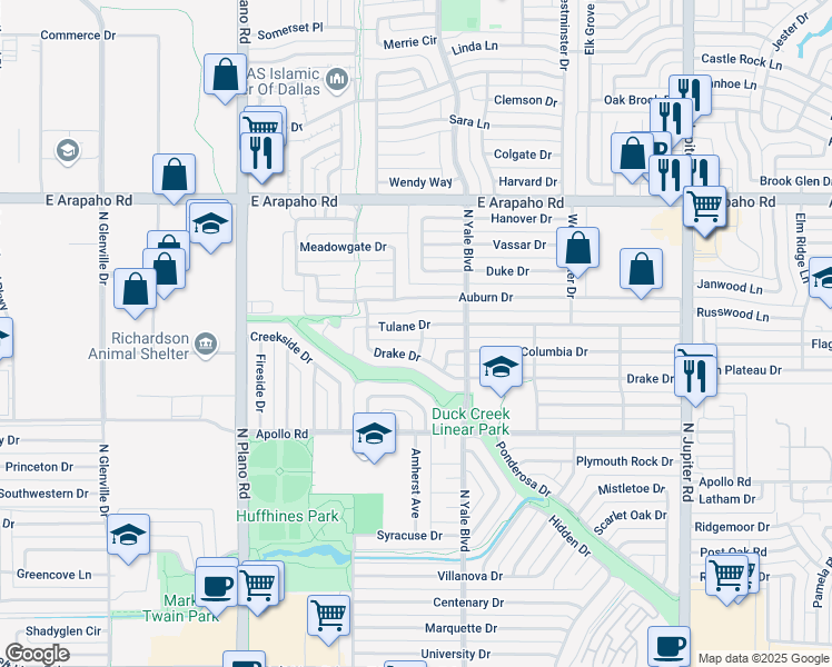 map of restaurants, bars, coffee shops, grocery stores, and more near 1614 Tulane Drive in Richardson