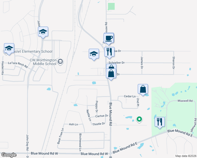 map of restaurants, bars, coffee shops, grocery stores, and more near 1302 Farm to Market Road 156 in Haslet