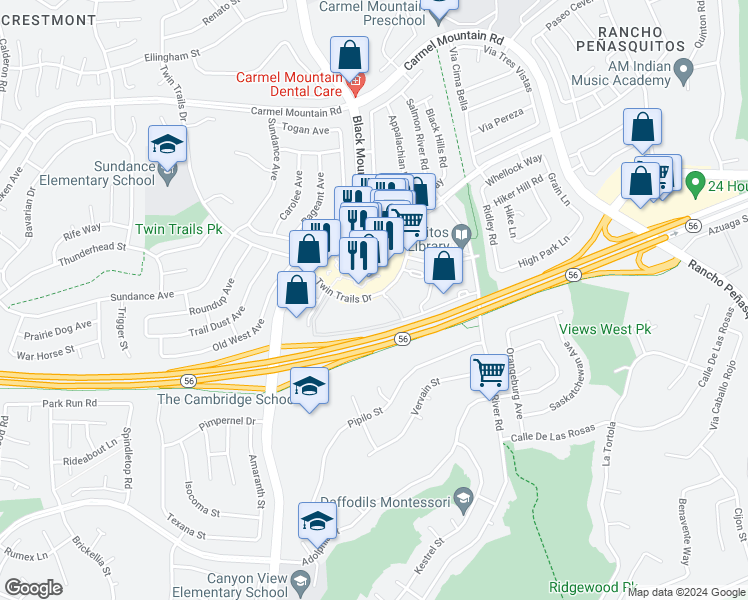 map of restaurants, bars, coffee shops, grocery stores, and more near 9378 Twin Trails Drive in San Diego