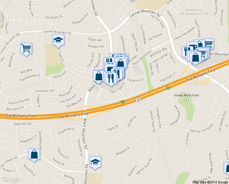 map of restaurants, bars, coffee shops, grocery stores, and more near 13173 Black Mountain Road in San Diego