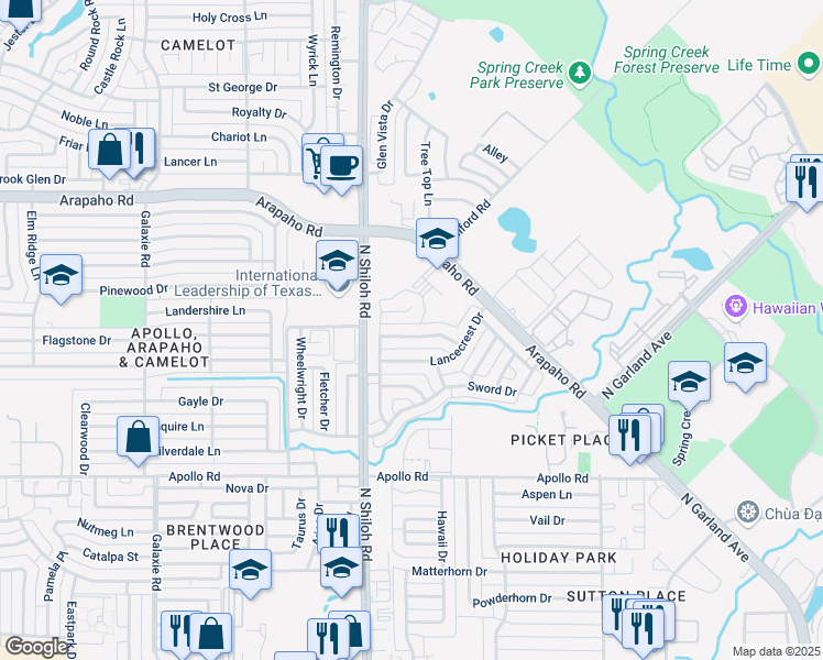 map of restaurants, bars, coffee shops, grocery stores, and more near 2305 Knighthood Lane in Garland
