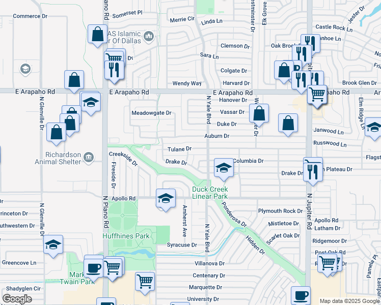 map of restaurants, bars, coffee shops, grocery stores, and more near 1614 Tulane Drive in Richardson