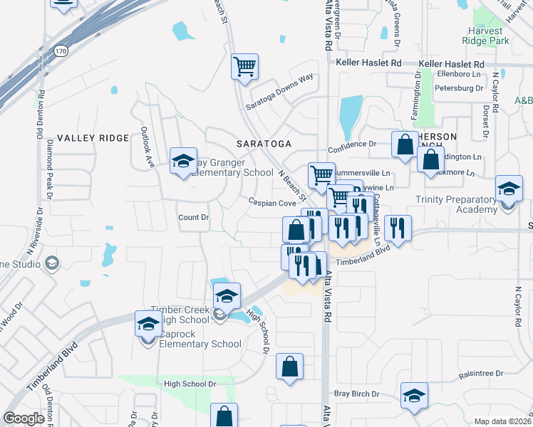 map of restaurants, bars, coffee shops, grocery stores, and more near 3456 Caspian Cove in Fort Worth