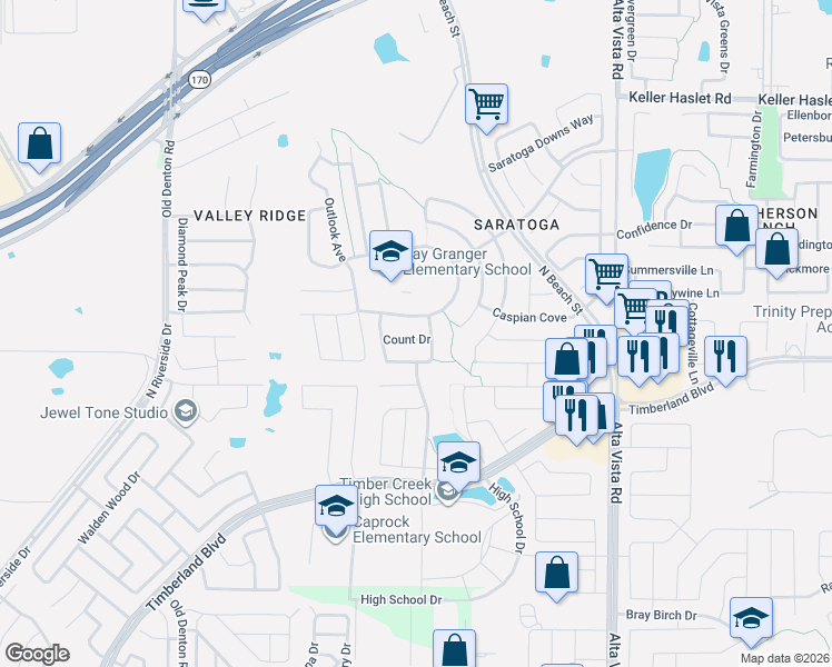 map of restaurants, bars, coffee shops, grocery stores, and more near 12560 Saratoga Springs Circle in Fort Worth