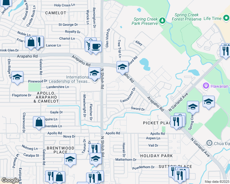 map of restaurants, bars, coffee shops, grocery stores, and more near 2305 Knighthood Lane in Garland