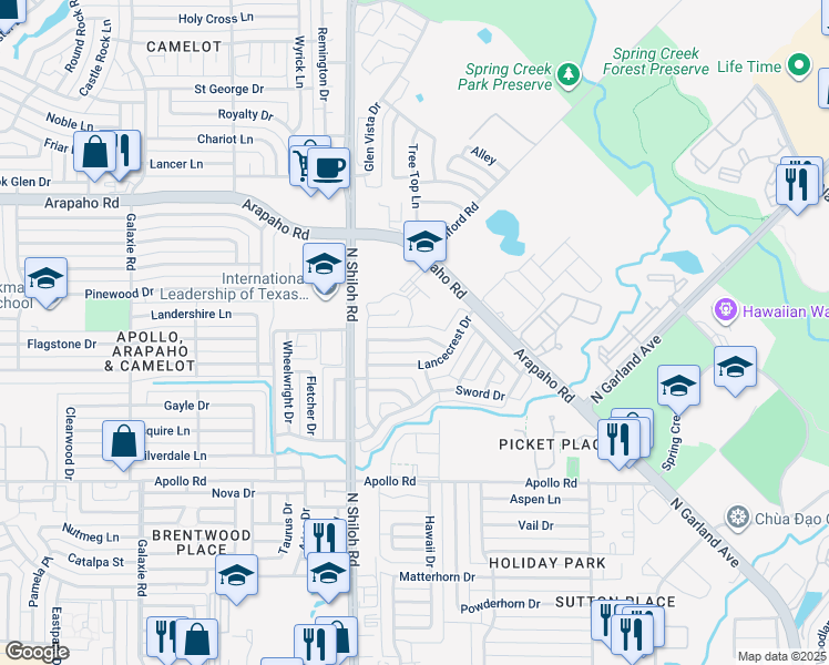 map of restaurants, bars, coffee shops, grocery stores, and more near 2305 Knighthood Lane in Garland