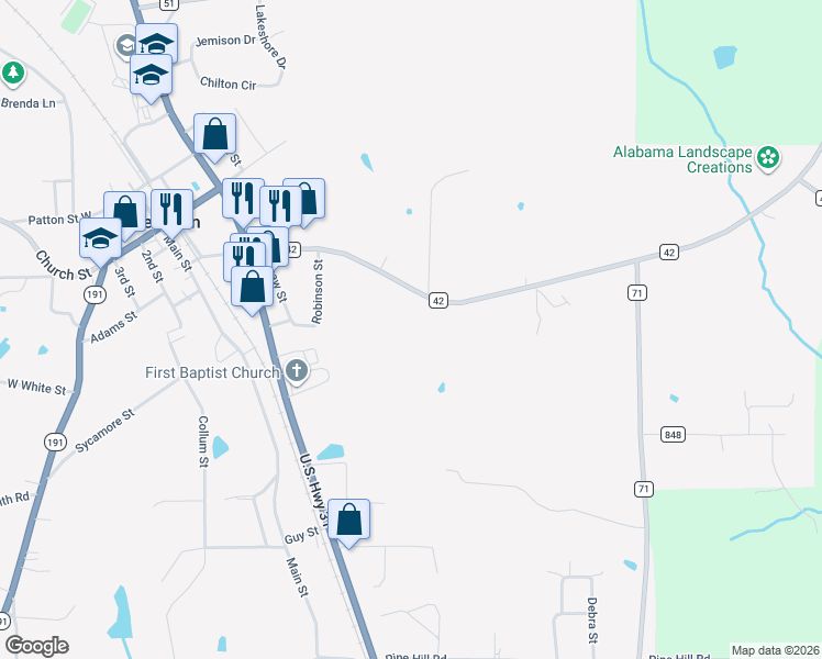 map of restaurants, bars, coffee shops, grocery stores, and more near 9210 County Road 42 in Jemison