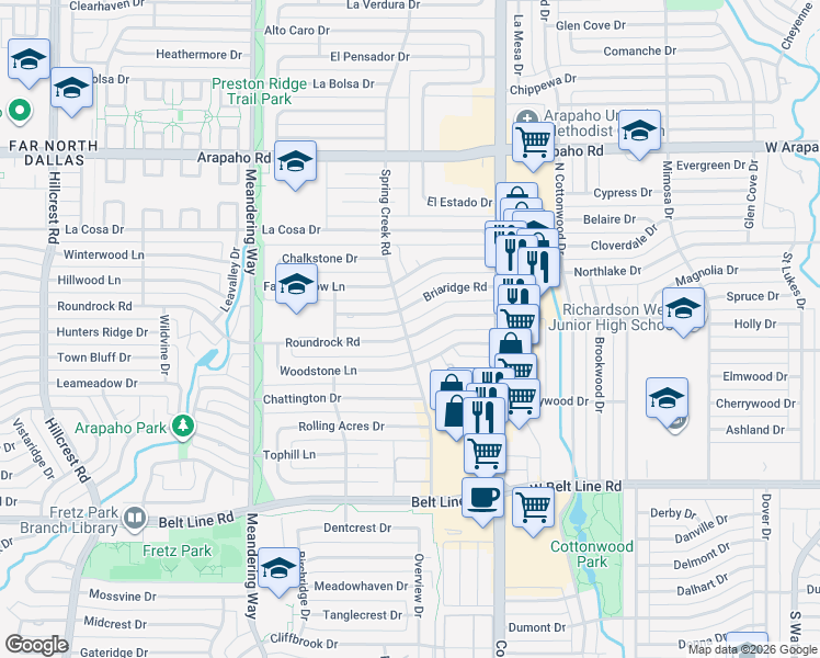 map of restaurants, bars, coffee shops, grocery stores, and more near 7907 Roundrock Road in Dallas