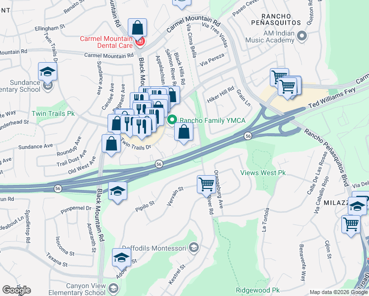 map of restaurants, bars, coffee shops, grocery stores, and more near 201 Fairgrove Lane in San Diego