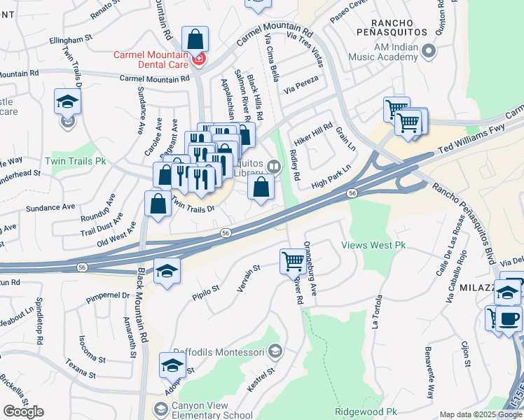 map of restaurants, bars, coffee shops, grocery stores, and more near 13202 Salmon River Road in San Diego