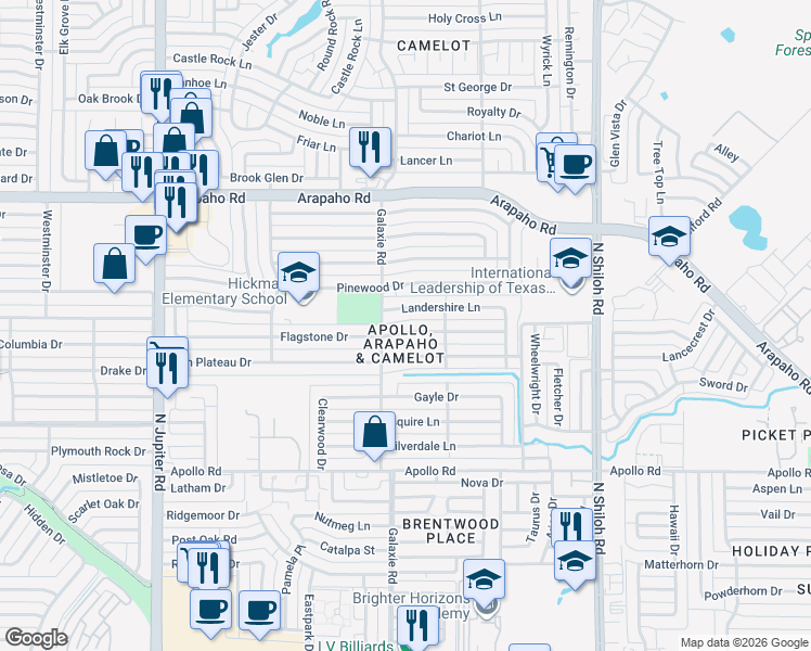 map of restaurants, bars, coffee shops, grocery stores, and more near 2934 Landershire Lane in Garland