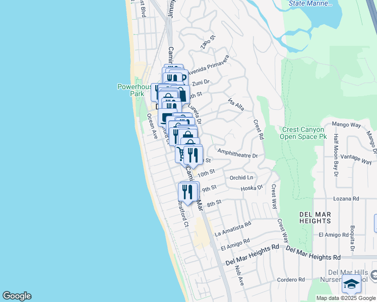 map of restaurants, bars, coffee shops, grocery stores, and more near 1173 Camino Del Mar in Del Mar