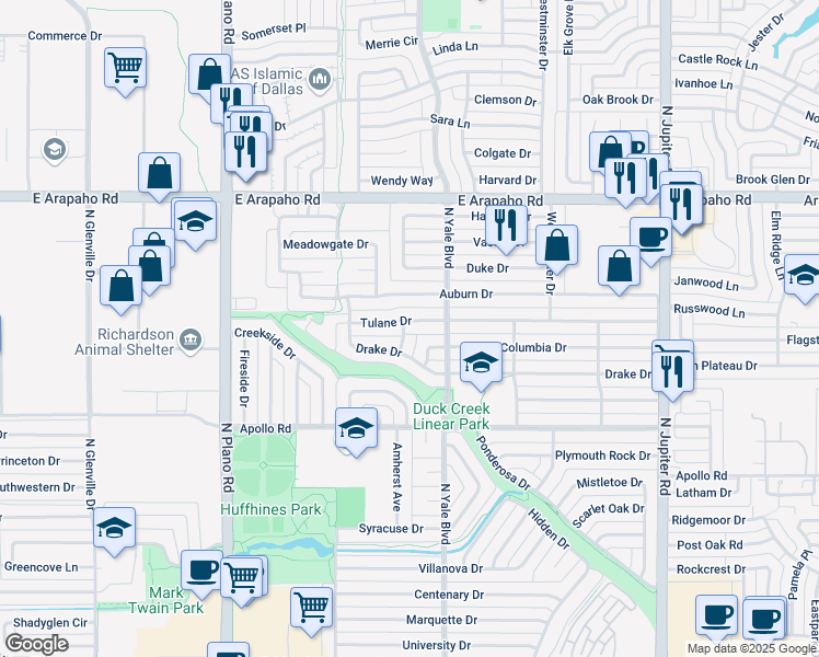 map of restaurants, bars, coffee shops, grocery stores, and more near 1614 Tulane Drive in Richardson