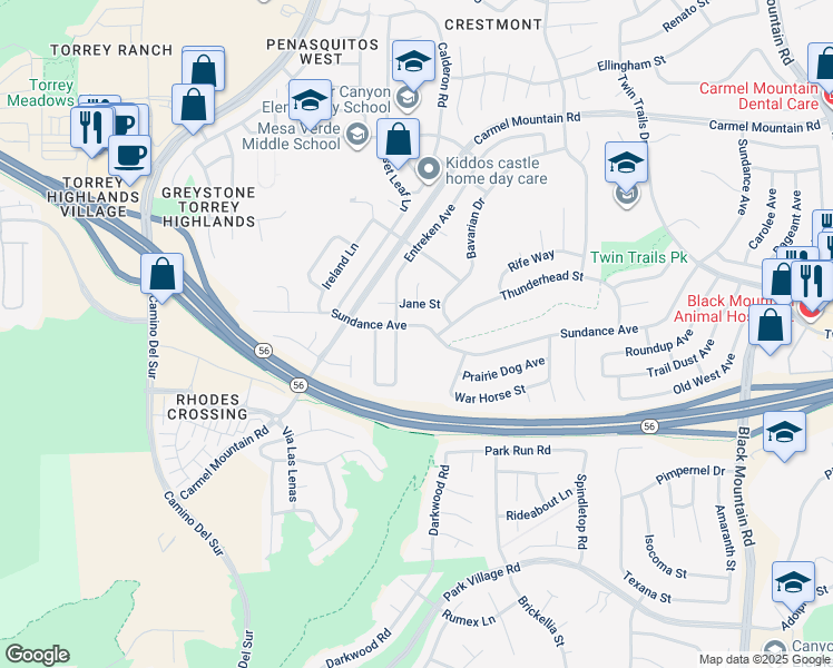 map of restaurants, bars, coffee shops, grocery stores, and more near 12665 Sundance Avenue in San Diego