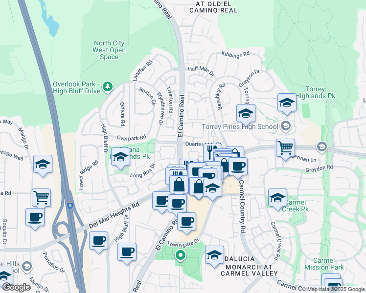 map of restaurants, bars, coffee shops, grocery stores, and more near 13097 El Camino Real in San Diego