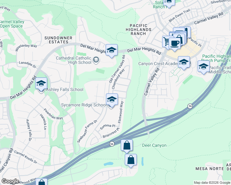map of restaurants, bars, coffee shops, grocery stores, and more near 5517 Rabbit Ridge Road in San Diego