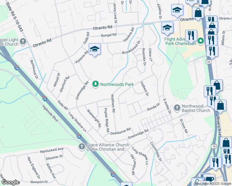 map of restaurants, bars, coffee shops, grocery stores, and more near 8348 Waltham Road in North Charleston