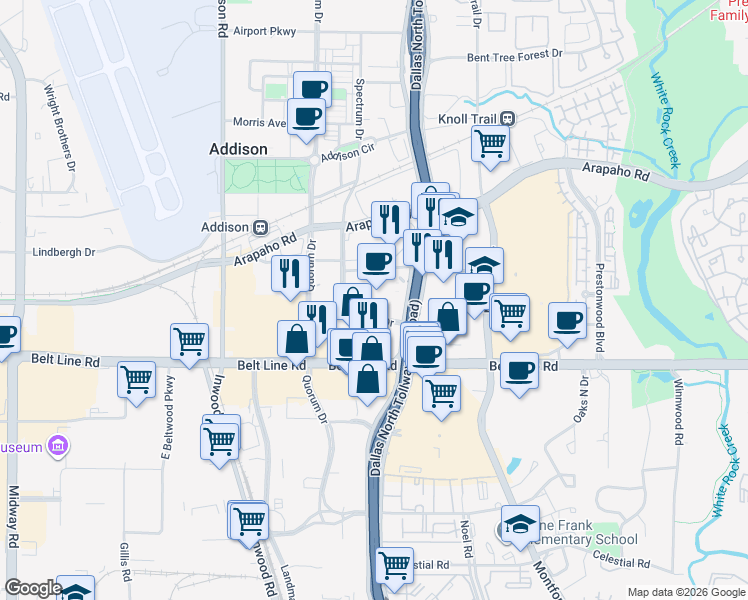 map of restaurants, bars, coffee shops, grocery stores, and more near 15201 Dallas Parkway in Addison