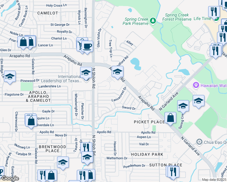 map of restaurants, bars, coffee shops, grocery stores, and more near 2305 Knighthood Lane in Garland
