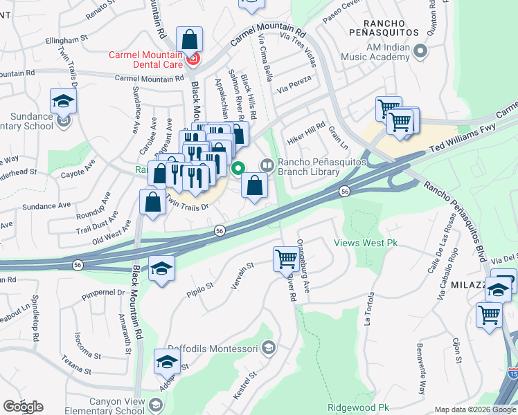 map of restaurants, bars, coffee shops, grocery stores, and more near 201 Fairgrove Lane in San Diego