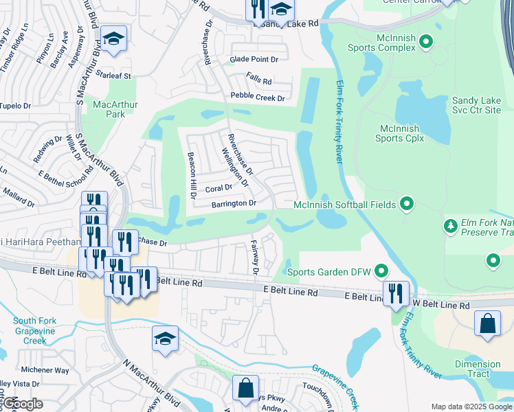 map of restaurants, bars, coffee shops, grocery stores, and more near 1411 Barrington Drive in Coppell