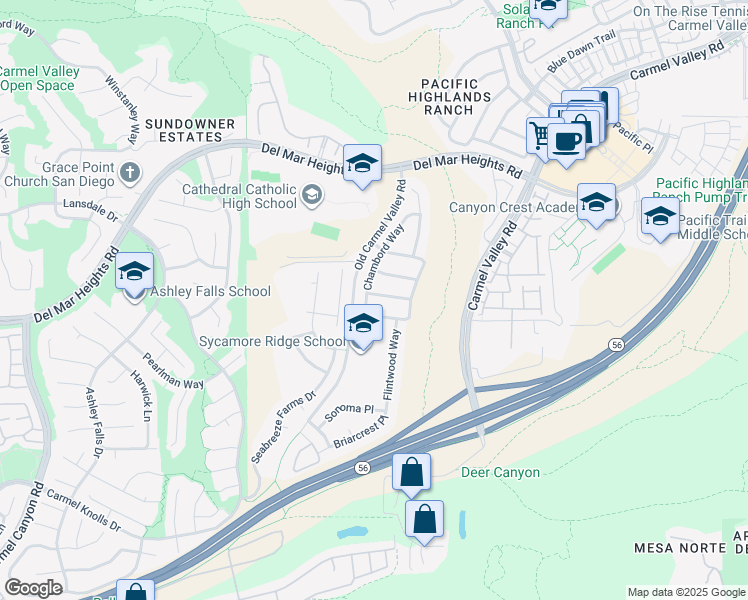 map of restaurants, bars, coffee shops, grocery stores, and more near 5517 Rabbit Ridge Road in San Diego